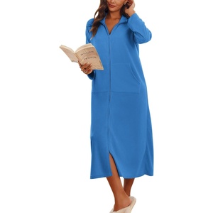 Ekouaer Women Zipper Robe Long Sleeves House Coat Soft Bathrobe Housecoat(Blue)