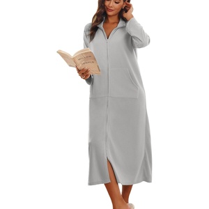 Ekouaer Women Zipper Robe Long Sleeves House Coat Soft Bathrobe Housecoat(Light Gray)