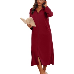 Ekouaer Women Zipper Robe Long Sleeves House Coat Soft Bathrobe Housecoat(Wine Red)