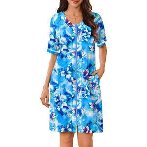 Ekouaer Women Zipper Robe Short Sleeves Housecoat Bathrobes Zip Up Robe(Aqua Multi)