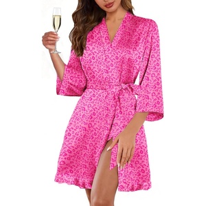 Ekouaer Women’s Satin Robes Short Silk Kimono Bath Robe with Pockets(01hot Pink Leopard)