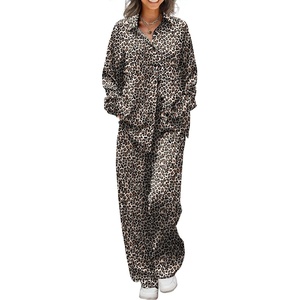Ekouaer Womens Satin Silky Pajama Set Soft Long PJs Button Down Loungewear(Apricot Leopard Print)