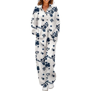 Ekouaer Womens Satin Silky Pajama Set Soft Long PJs Button Down Loungewear(B-blue Flower)