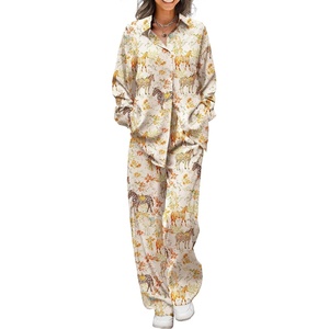 Ekouaer Womens Satin Silky Pajama Set Soft Long PJs Button Down Loungewear(B-champagne Horse)