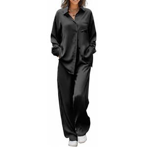 Ekouaer Womens Satin Silky Pajama Set Soft Long PJs Button Down Loungewear(Black)