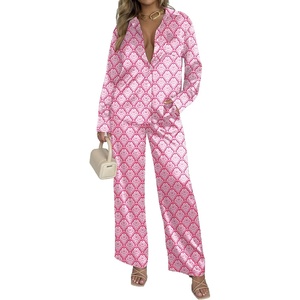 Ekouaer Womens Satin Silky Pajama Set Soft Long PJs Button Down Loungewear(C_national Pattern)