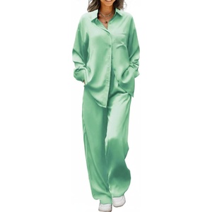 Ekouaer Womens Satin Silky Pajama Set Soft Long PJs Button Down Loungewear(Ice Green)
