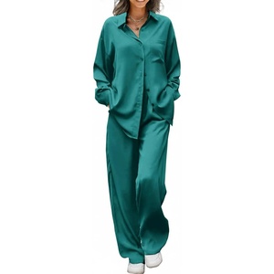 Ekouaer Womens Satin Silky Pajama Set Soft Long PJs Button Down Loungewear(Lake Green)