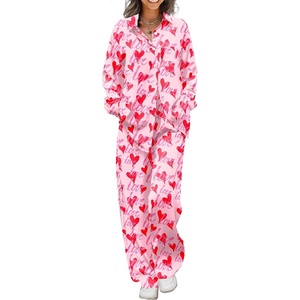 Ekouaer Womens Satin Silky Pajama Set Soft Long PJs Button Down Loungewear(Love Print)