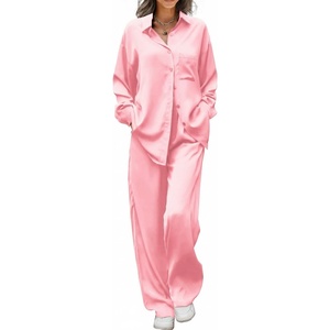 Ekouaer Womens Satin Silky Pajama Set Soft Long PJs Button Down Loungewear(Pink)
