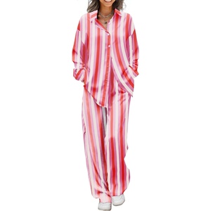Ekouaer Womens Satin Silky Pajama Set Soft Long PJs Button Down Loungewear(Pink Yellow Stripes)