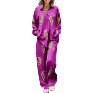 Ekouaer Womens Satin Silky Pajama Set Soft Long PJs Button Down Loungewear(Purple Large Leopard)