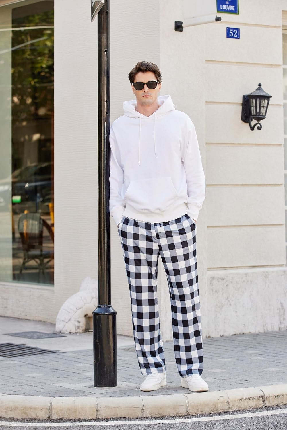image:imageEkouaer Mens Pajama Pants Plaid Lounge Pants Soft Pj Bottoms with PocketsBlack and White Plaid