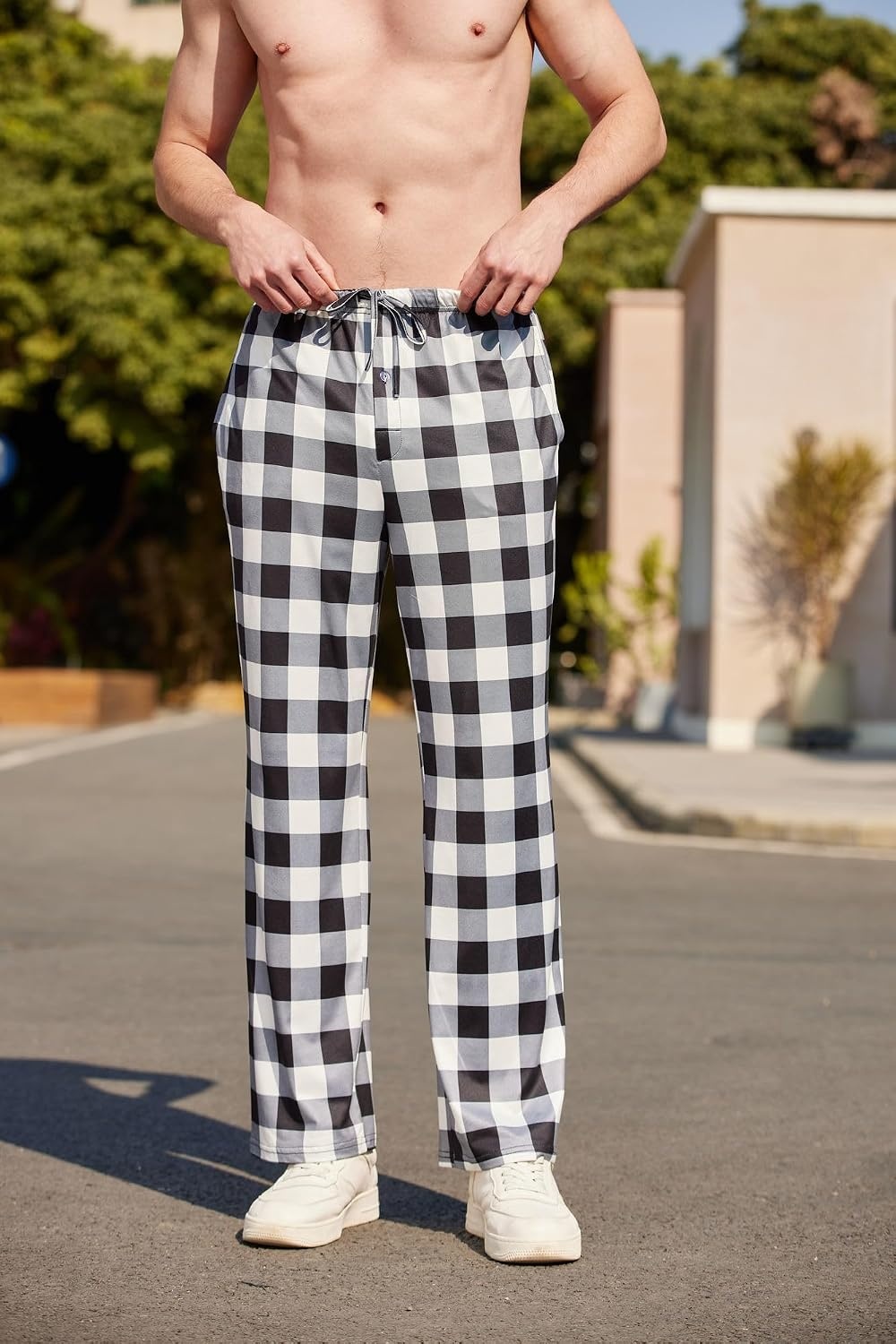 image:imageEkouaer Mens Pajama Pants Plaid Lounge Pants Soft Pj Bottoms with PocketsBlack and White Plaid