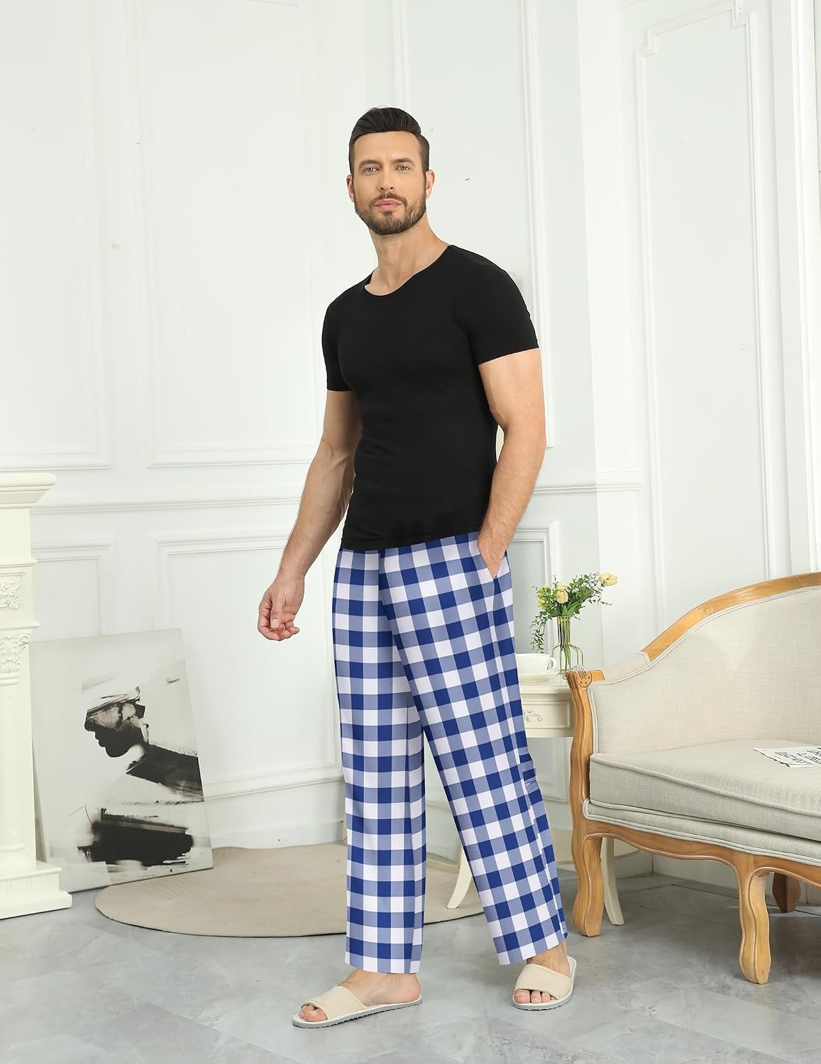 image:imageEkouaer Mens Pajama Pants Plaid Lounge Pants Soft Pj Bottoms with PocketsBlue and White Plaid