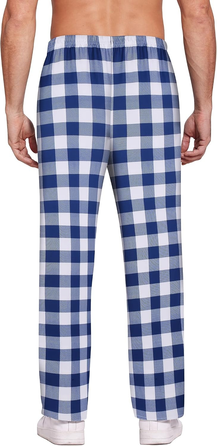 image:imageEkouaer Mens Pajama Pants Plaid Lounge Pants Soft Pj Bottoms with PocketsBlue and White Plaid