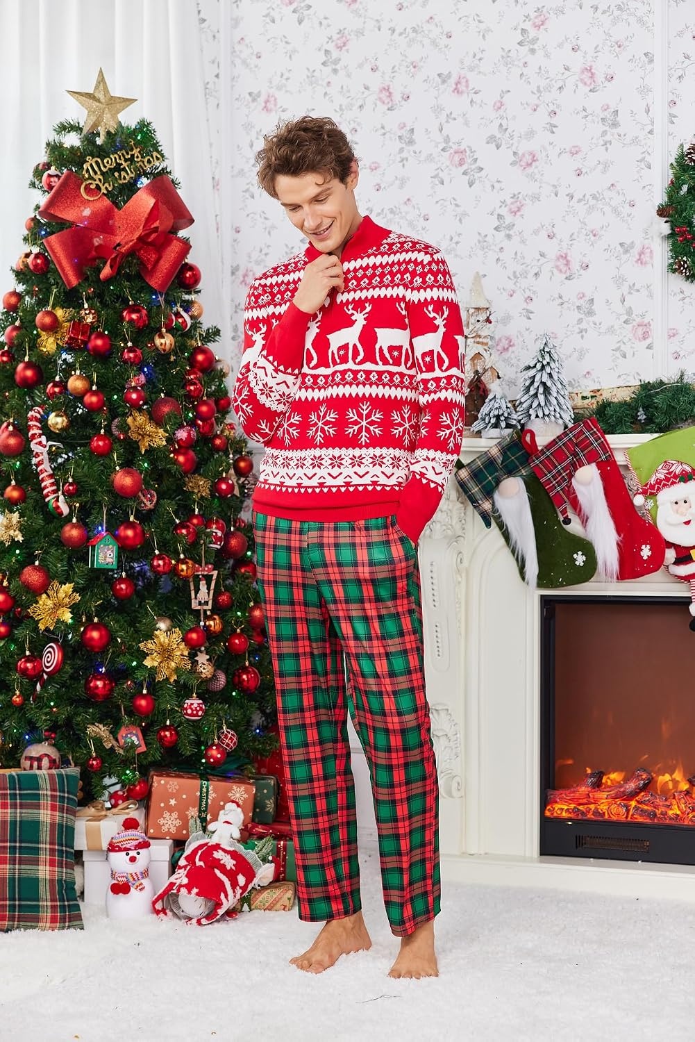 image:imageEkouaer Mens Pajama Pants Plaid Lounge Pants Soft Pj Bottoms with PocketsChristmas Plaid