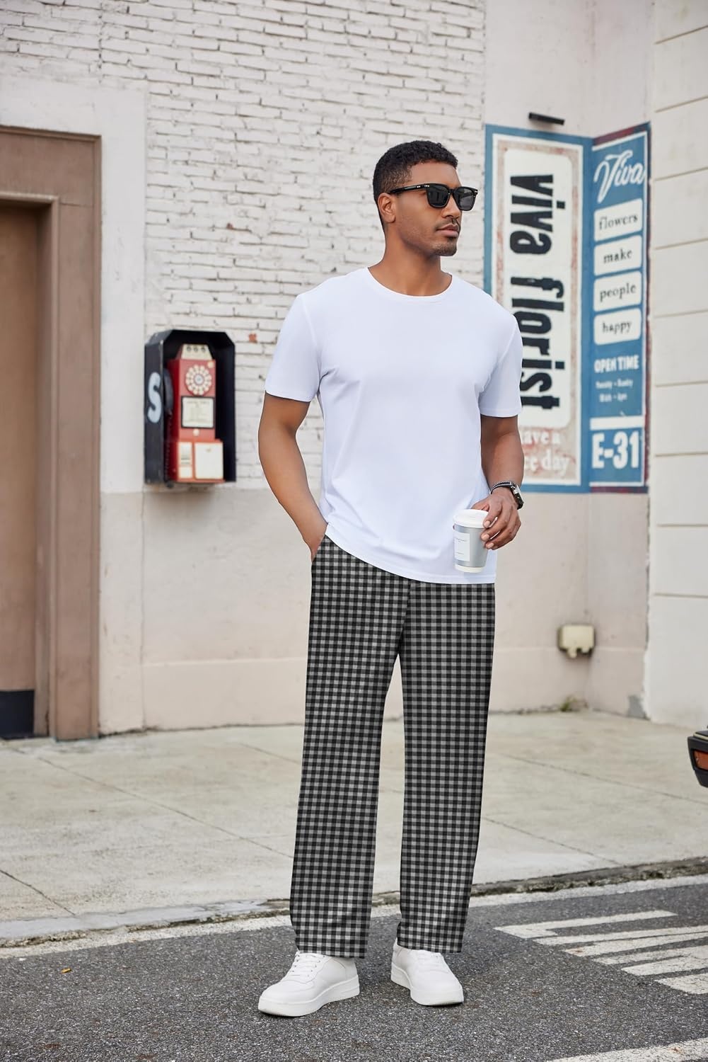 image:imageEkouaer Mens Pajama Pants Plaid Lounge Pants Soft Pj Bottoms with PocketsLittle Black and White Plaid