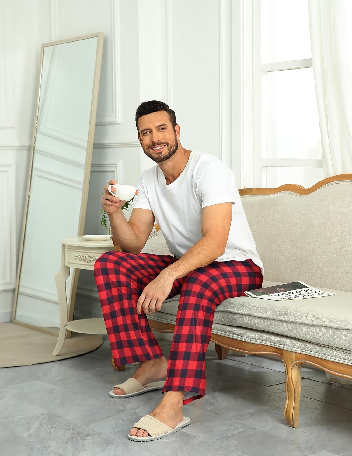 image:imageEkouaer Mens Pajama Pants Plaid Lounge Pants Soft Pj Bottoms with PocketsRed and Black Plaid
