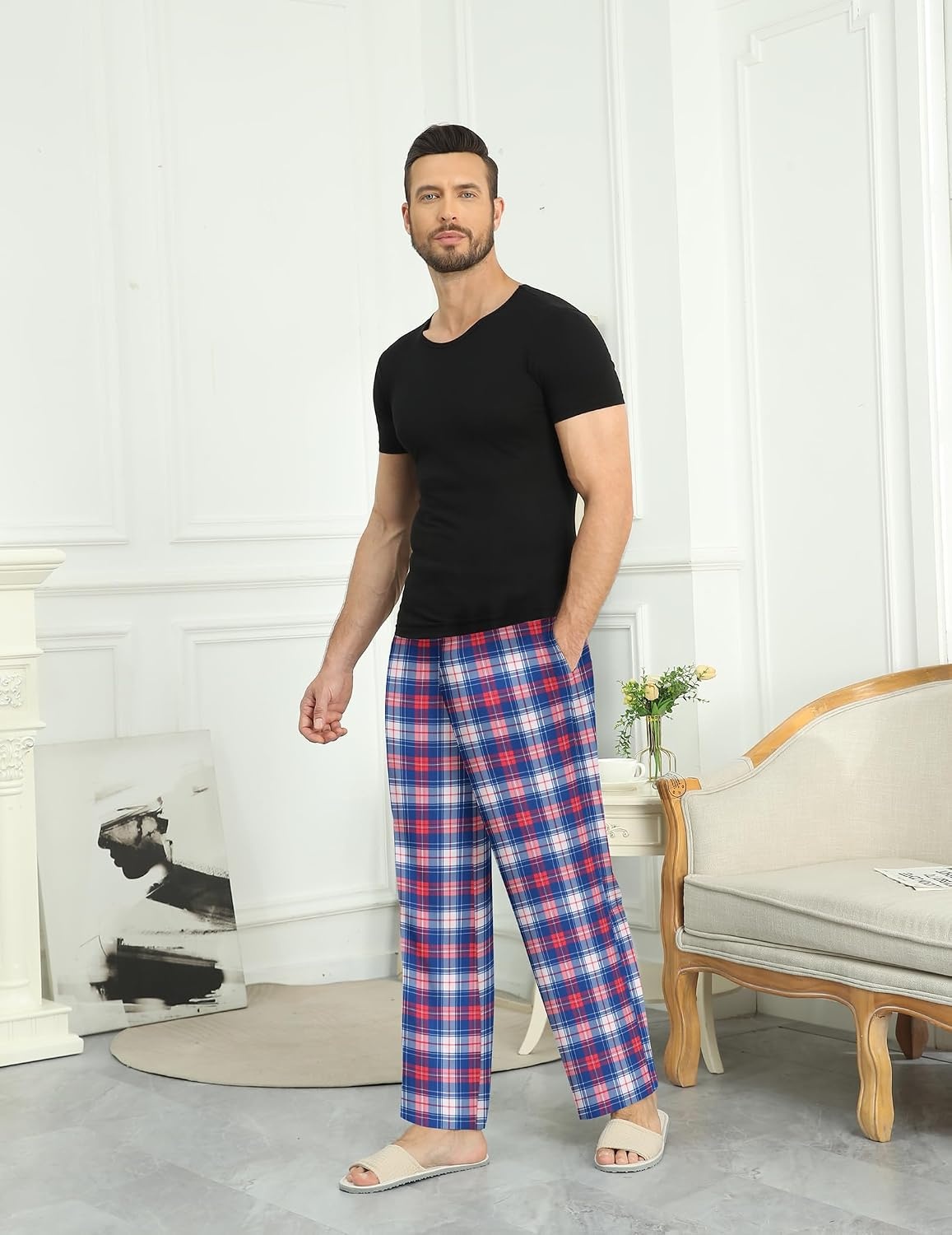 image:imageEkouaer Mens Pajama Pants Plaid Lounge Pants Soft Pj Bottoms with PocketsRed and Blue Plaid