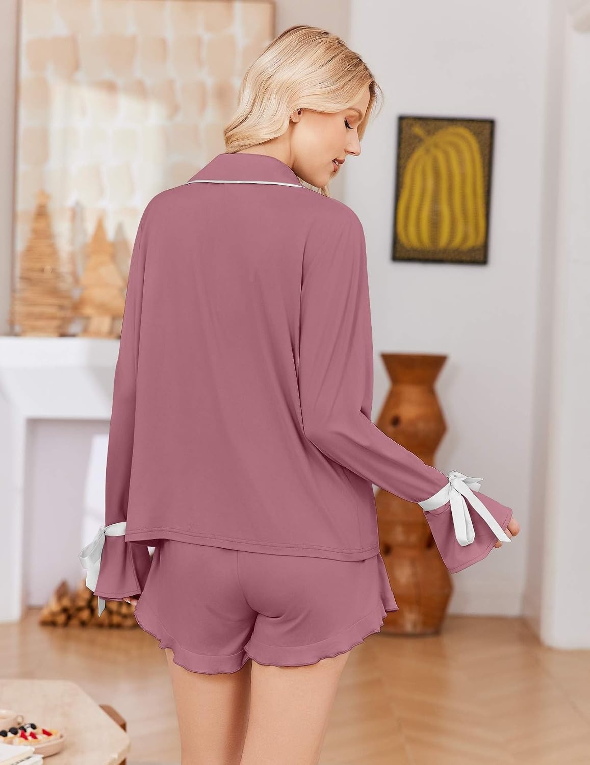 image:imageEkouaer Womens Pajamas Long Sleeve and Shorts Cute Ruffle Pjs Lounge SetDusty Pink