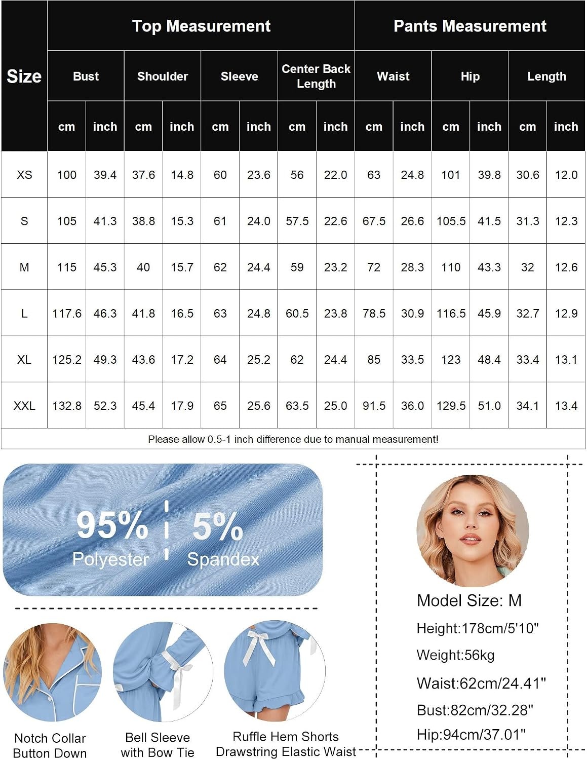 image:imageEkouaer Womens Pajamas Long Sleeve and Shorts Cute Ruffle Pjs Lounge SetLight Blue
