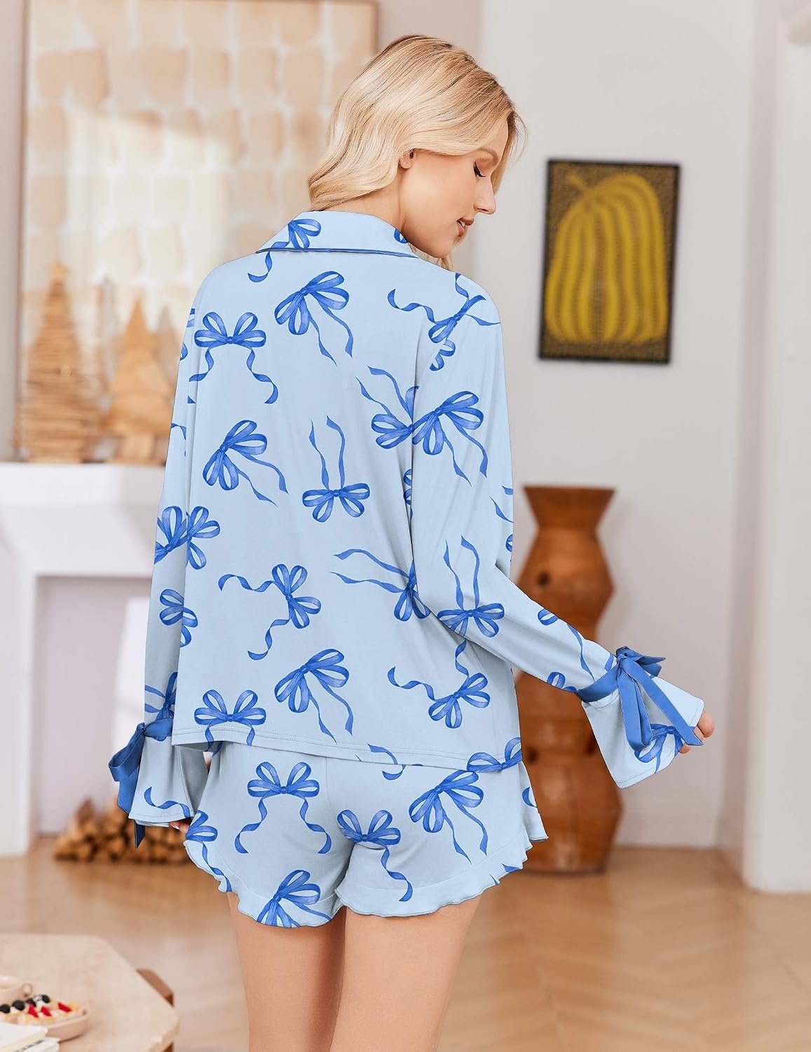 image:imageEkouaer Womens Pajamas Long Sleeve and Shorts Cute Ruffle Pjs Lounge SetLight Blue Bow Knot