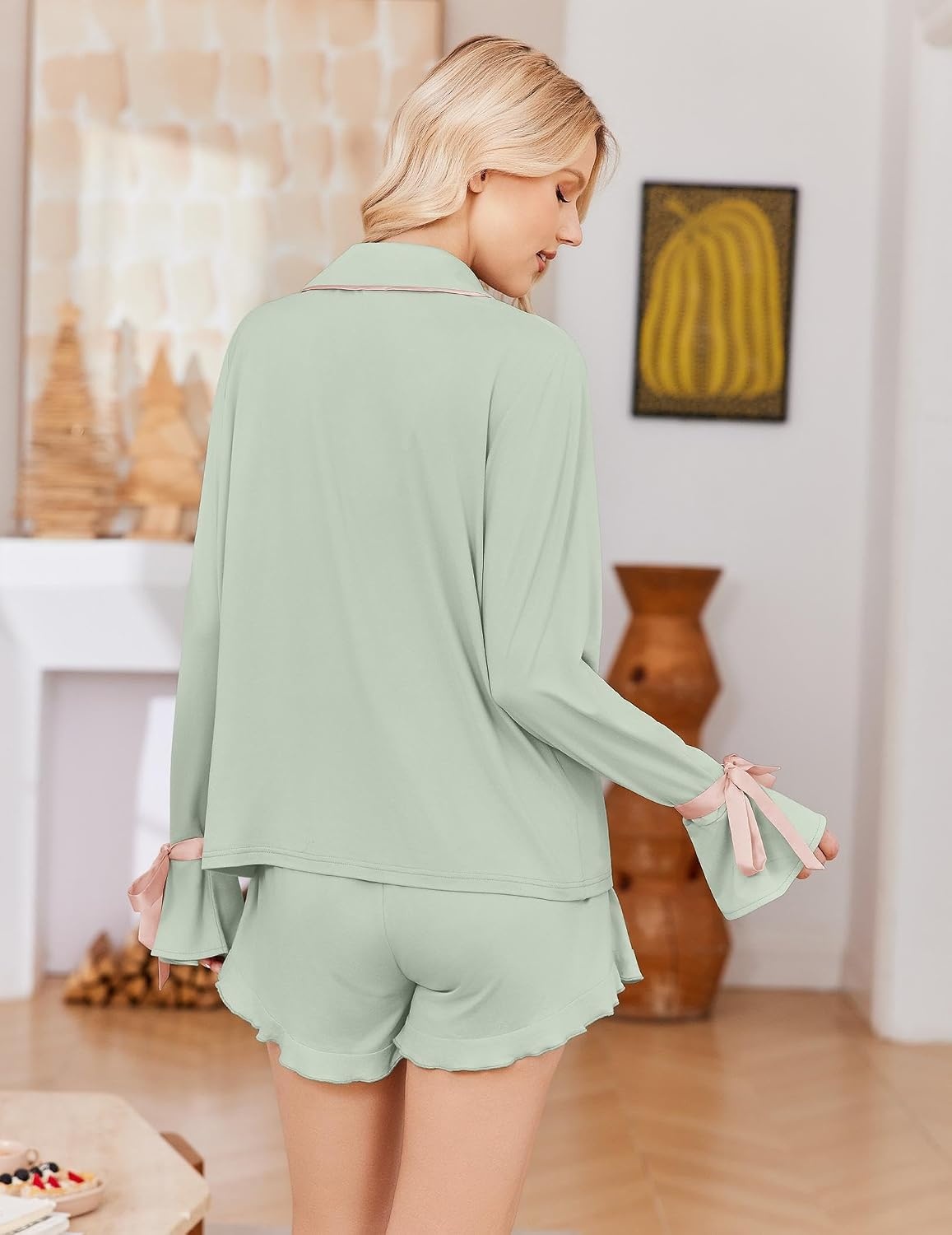 image:imageEkouaer Womens Pajamas Long Sleeve and Shorts Cute Ruffle Pjs Lounge SetLight Green