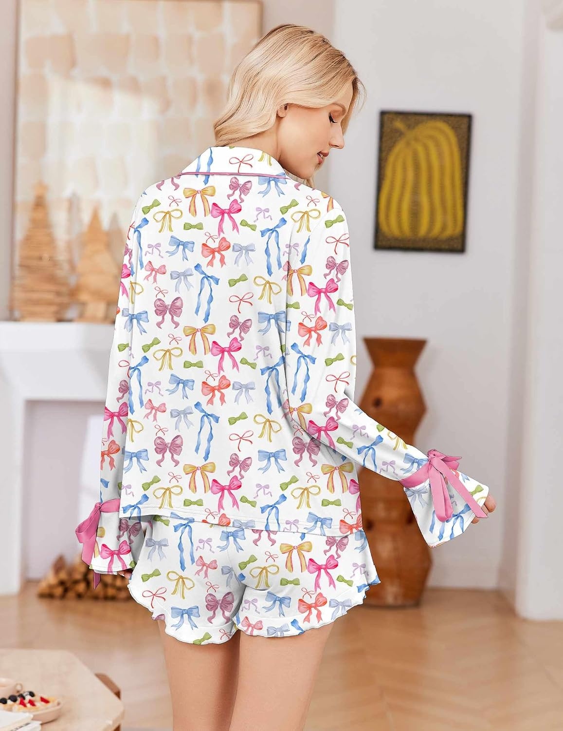 image:imageEkouaer Womens Pajamas Long Sleeve and Shorts Cute Ruffle Pjs Lounge SetWhite Bow