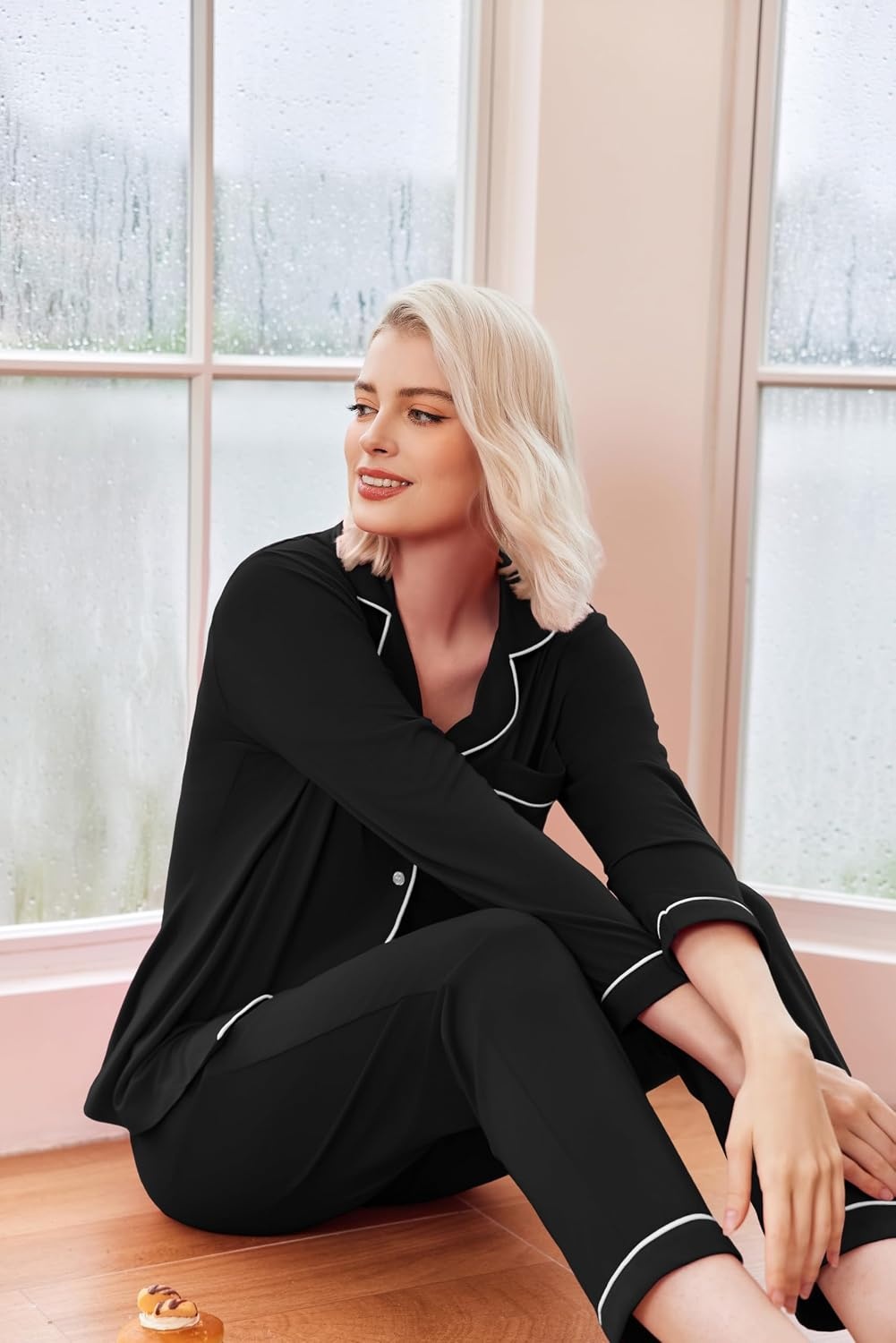 image:imageEkouaer Womens Pajamas Set Classic Sleepwear Long Sleeve Button Up Pjs SetsBlack