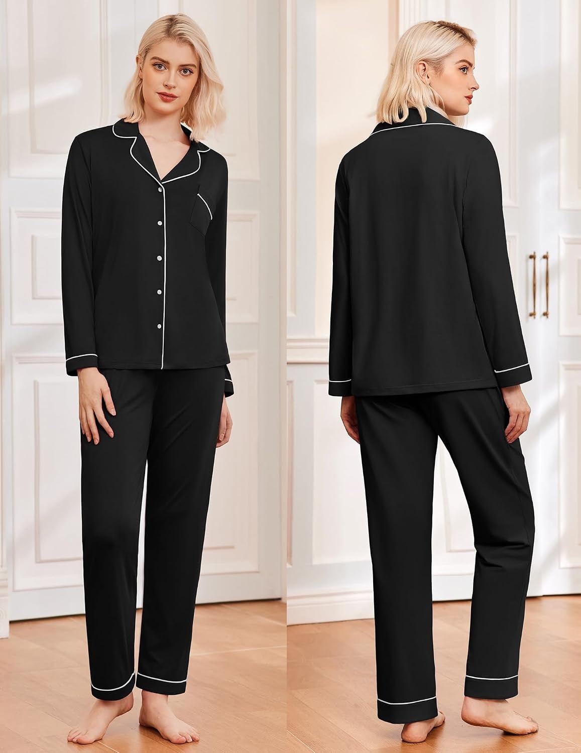 image:imageEkouaer Womens Pajamas Set Classic Sleepwear Long Sleeve Button Up Pjs SetsBlack