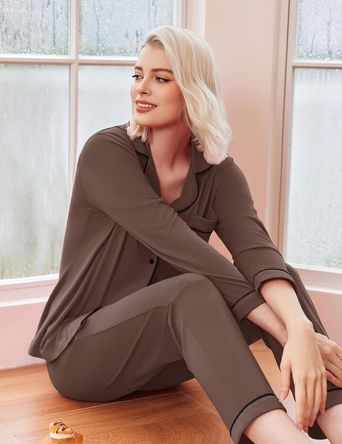 image:imageEkouaer Womens Pajamas Set Classic Sleepwear Long Sleeve Button Up Pjs SetsBrown
