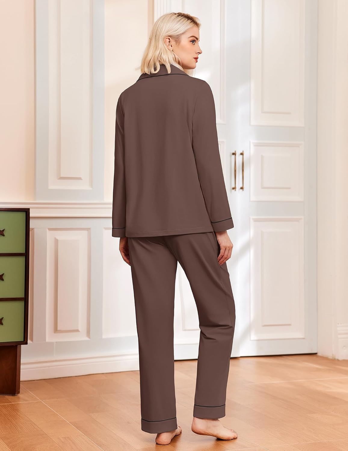 image:imageEkouaer Womens Pajamas Set Classic Sleepwear Long Sleeve Button Up Pjs SetsBrown
