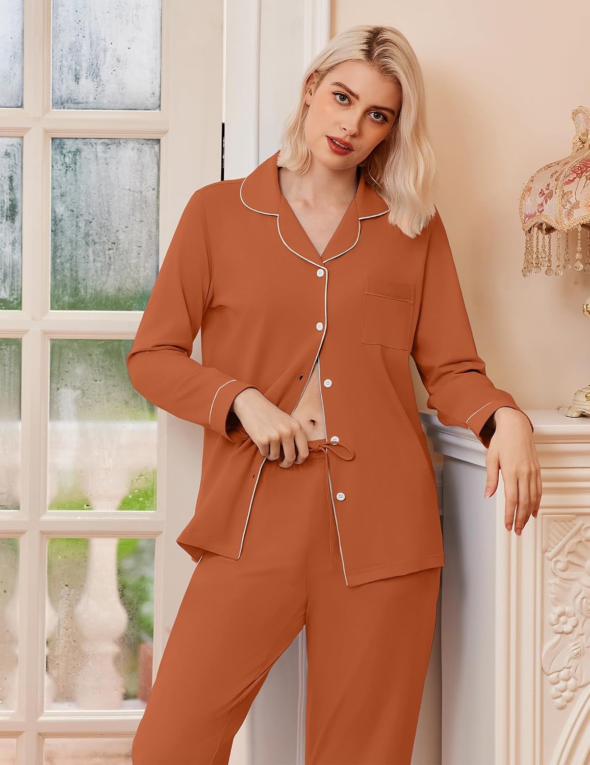 image:imageEkouaer Womens Pajamas Set Classic Sleepwear Long Sleeve Button Up Pjs SetsCaramel