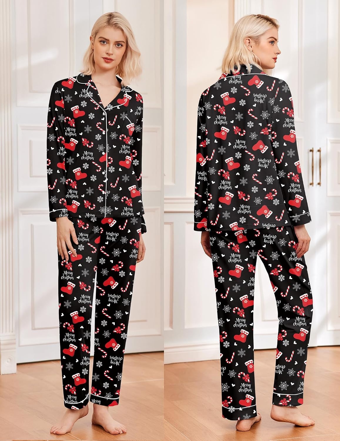image:imageEkouaer Womens Pajamas Set Classic Sleepwear Long Sleeve Button Up Pjs SetsChristmas Black Booots