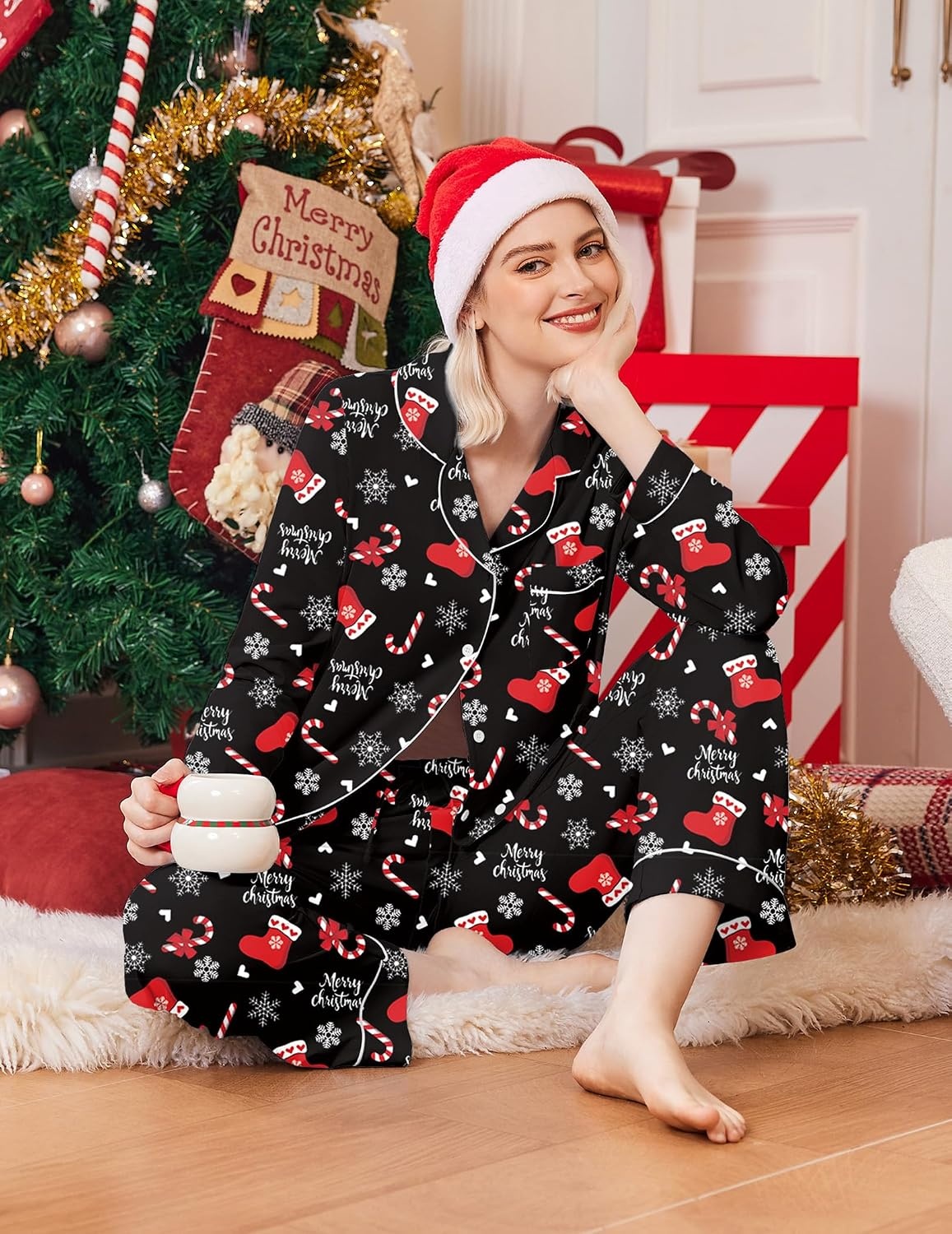 image:imageEkouaer Womens Pajamas Set Classic Sleepwear Long Sleeve Button Up Pjs SetsChristmas Black Booots