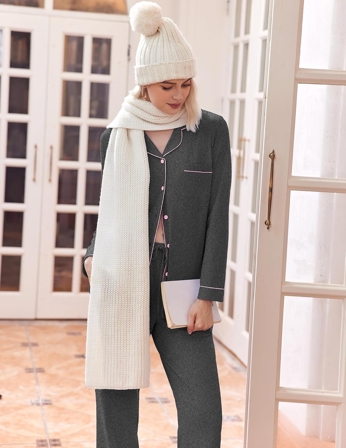 image:imageEkouaer Womens Pajamas Set Classic Sleepwear Long Sleeve Button Up Pjs SetsDark Grey