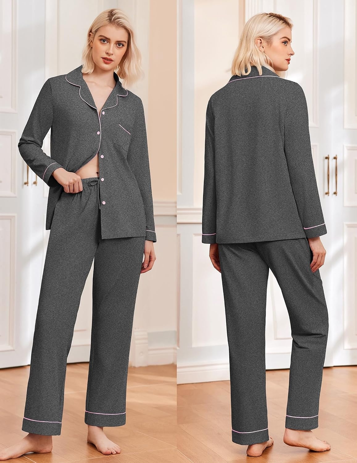 image:imageEkouaer Womens Pajamas Set Classic Sleepwear Long Sleeve Button Up Pjs SetsDark Grey