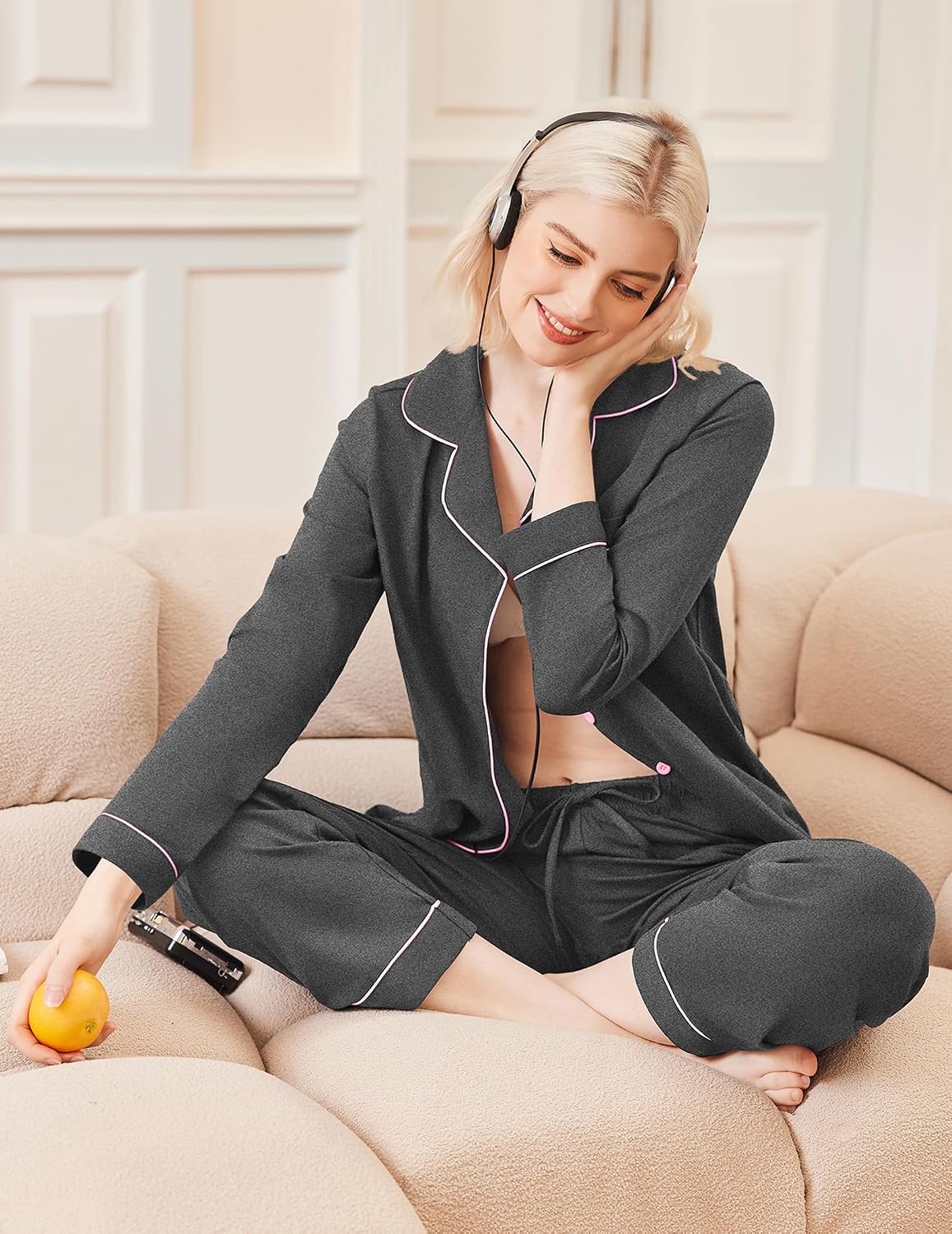 image:imageEkouaer Womens Pajamas Set Classic Sleepwear Long Sleeve Button Up Pjs SetsDark Grey