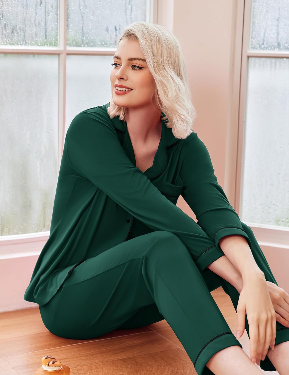 image:imageEkouaer Womens Pajamas Set Classic Sleepwear Long Sleeve Button Up Pjs SetsGreen