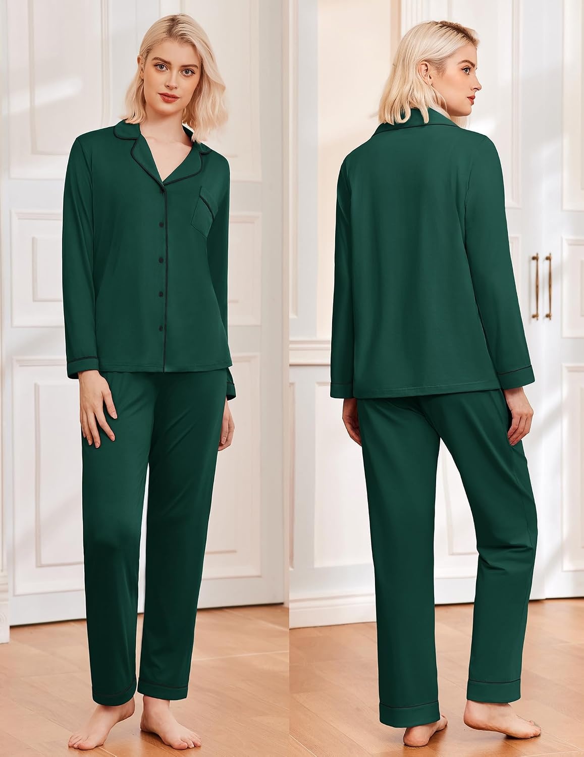 image:imageEkouaer Womens Pajamas Set Classic Sleepwear Long Sleeve Button Up Pjs SetsGreen