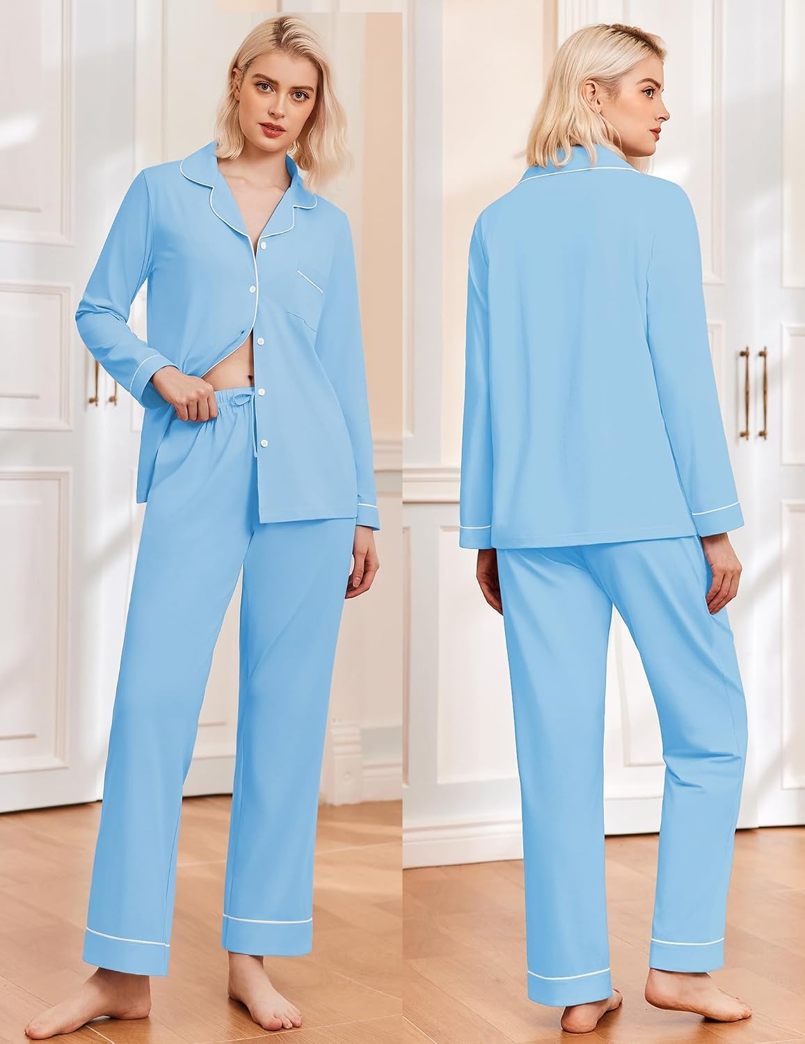 image:imageEkouaer Womens Pajamas Set Classic Sleepwear Long Sleeve Button Up Pjs SetsLight Blue