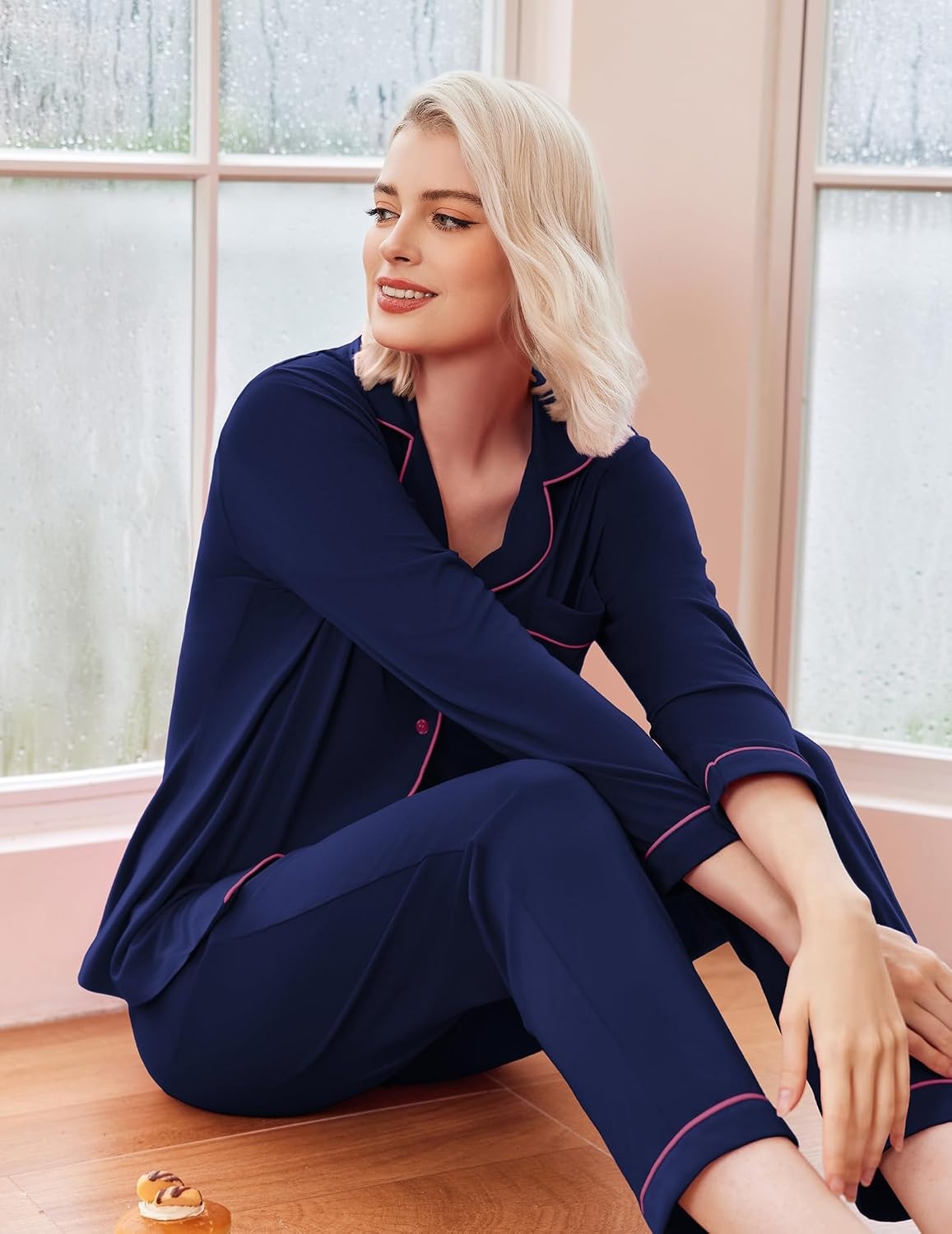image:imageEkouaer Womens Pajamas Set Classic Sleepwear Long Sleeve Button Up Pjs SetsNavy