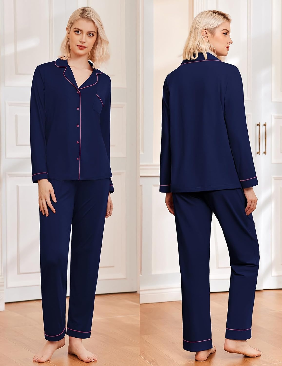 image:imageEkouaer Womens Pajamas Set Classic Sleepwear Long Sleeve Button Up Pjs SetsNavy