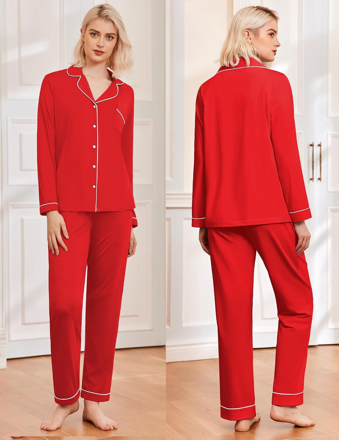 image:imageEkouaer Womens Pajamas Set Classic Sleepwear Long Sleeve Button Up Pjs SetsRed
