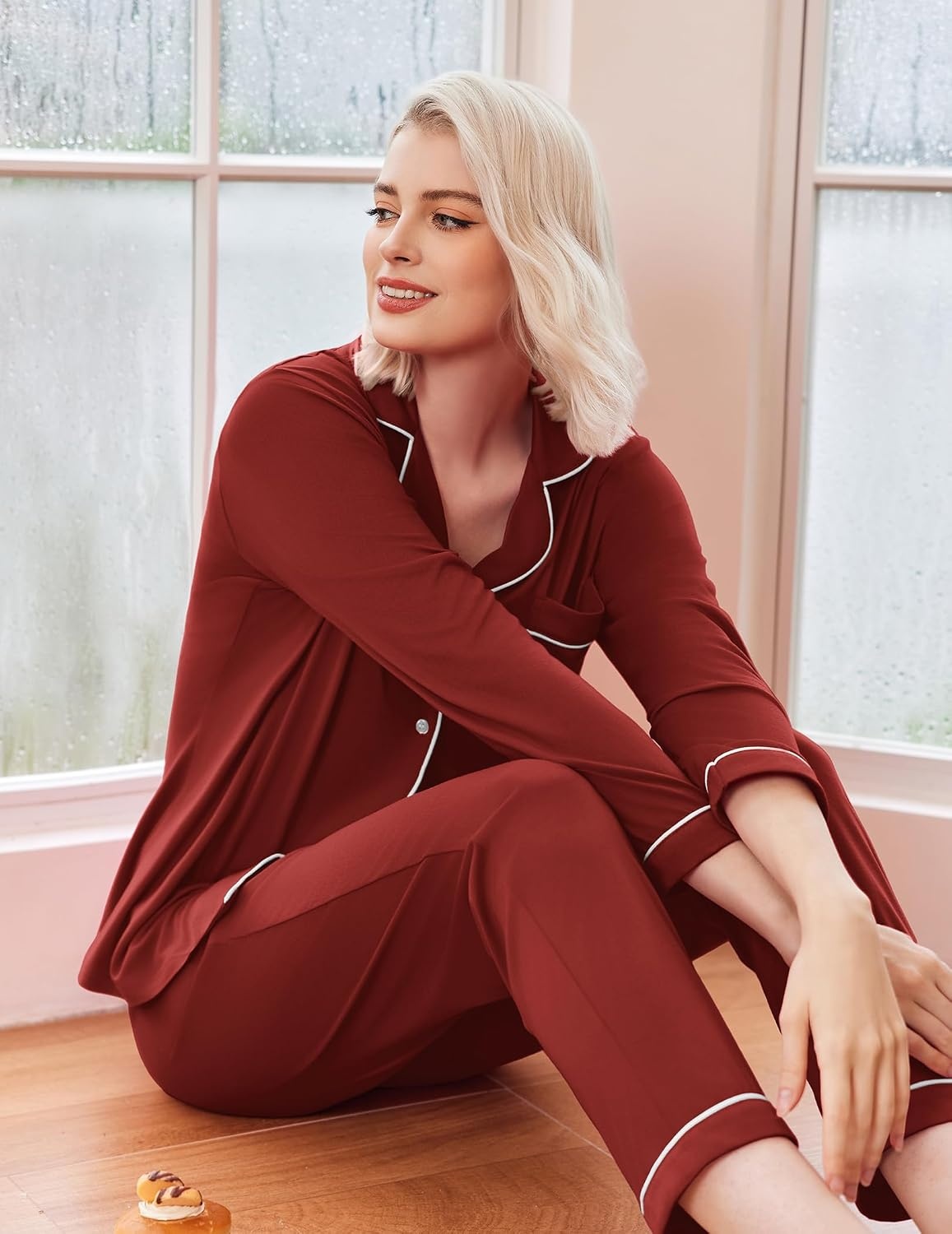 image:imageEkouaer Womens Pajamas Set Classic Sleepwear Long Sleeve Button Up Pjs SetsWine