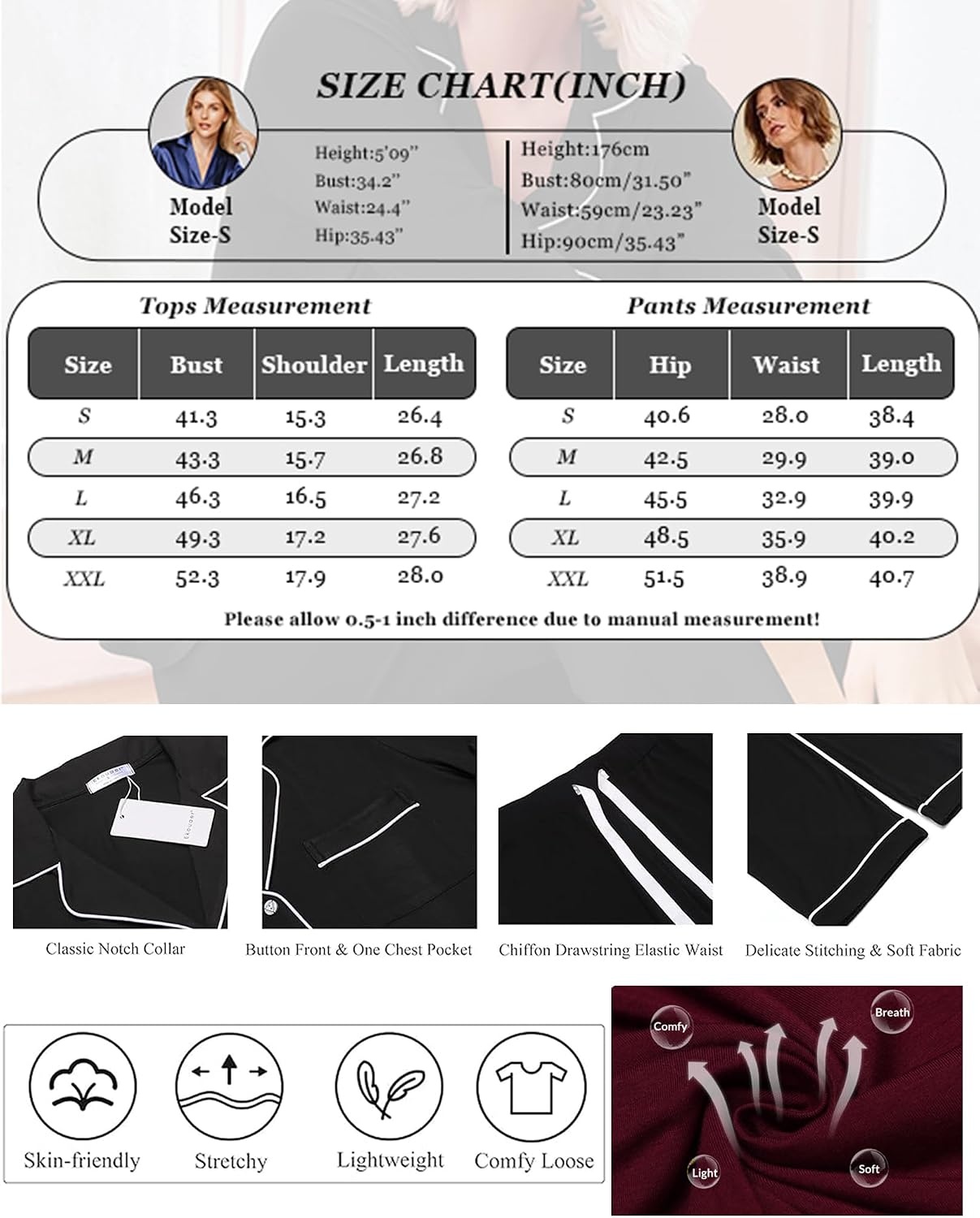 image:imageEkouaer Womens Pajamas Set Classic Sleepwear Long Sleeve Button Up Pjs SetsWine