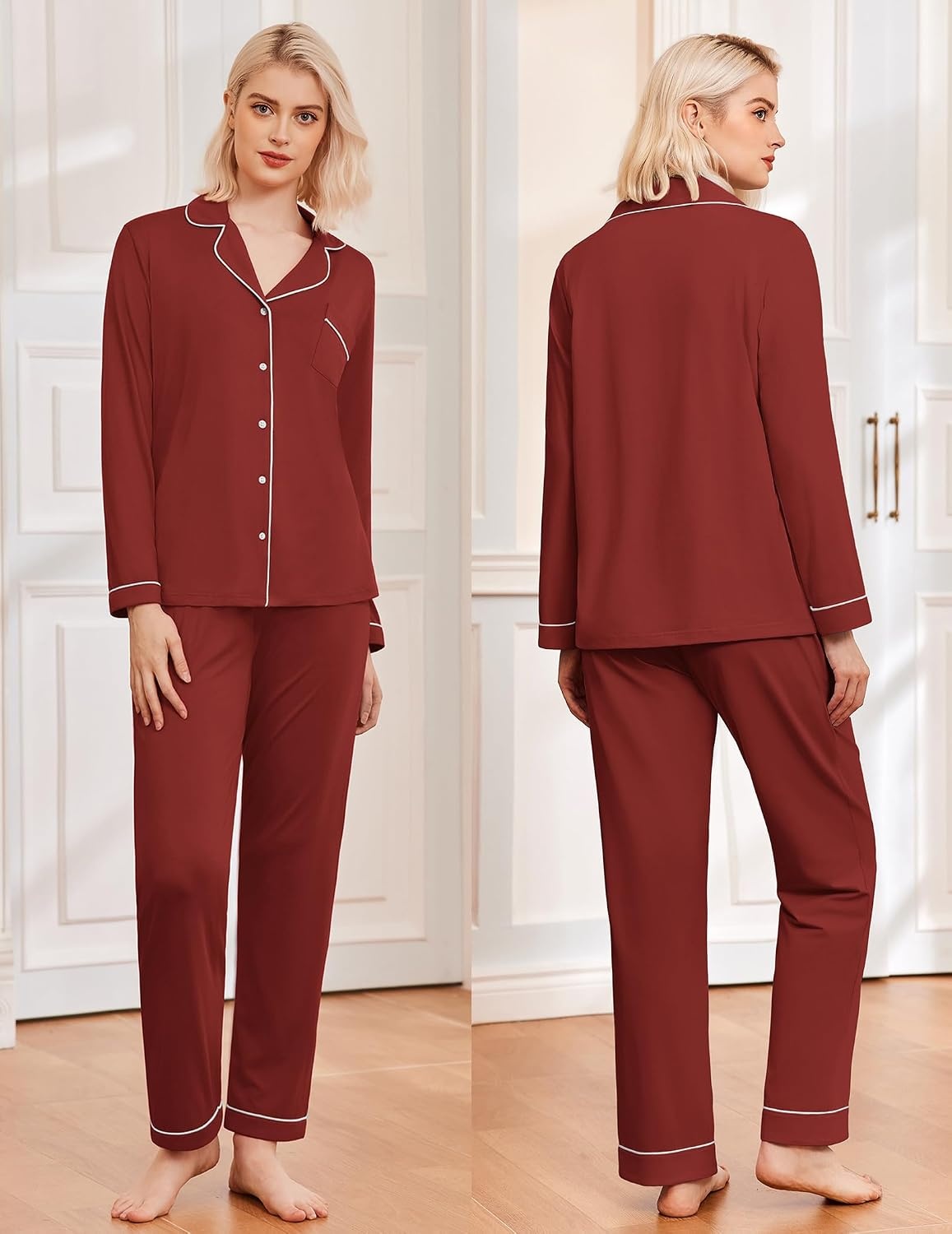 image:imageEkouaer Womens Pajamas Set Classic Sleepwear Long Sleeve Button Up Pjs SetsWine