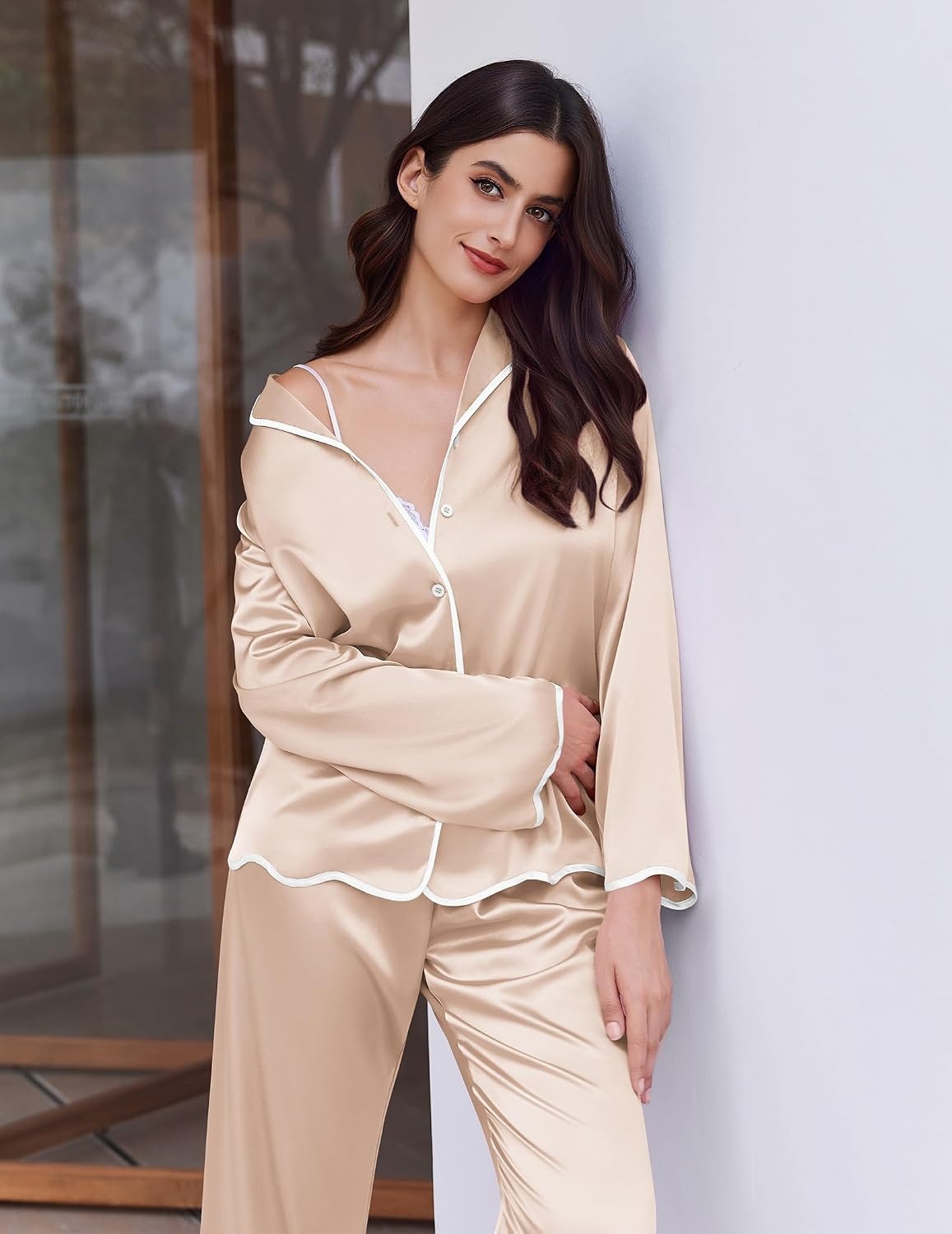 image:imageEkouaer Womens Silk Pajama Set Long Sleeve Button Down Ruffle Satin PJsChampagne