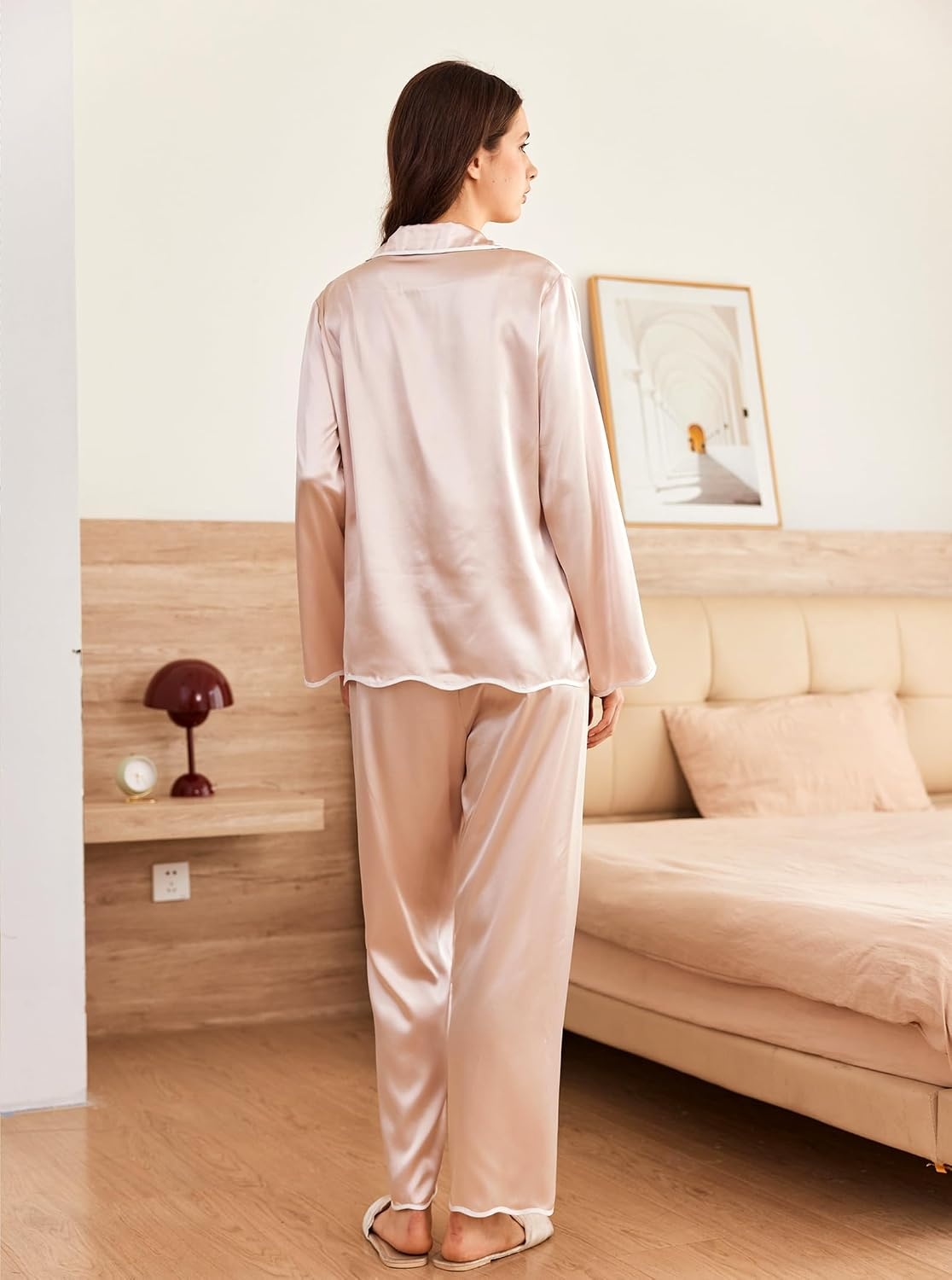 image:imageEkouaer Womens Silk Pajama Set Long Sleeve Button Down Ruffle Satin PJsChampagne